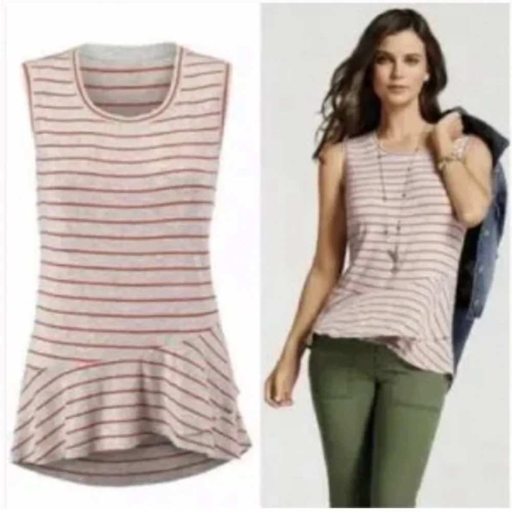 Cabi Gray Grey Orange Stripe Peplum Ruffle Tank Shirt Sleeveless Top 533 Sz S - Picture 3 of 7